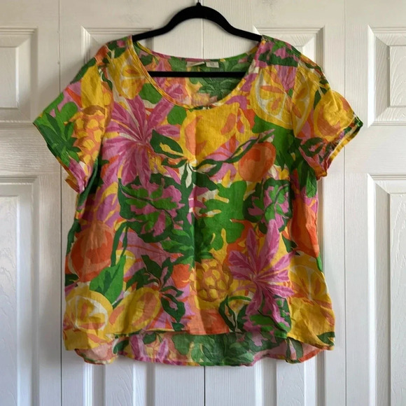 C&C California | 100% Linen | Tropical Top Blouse Tunic |Yellow Pink | Size 1X - Picture 1 of 4